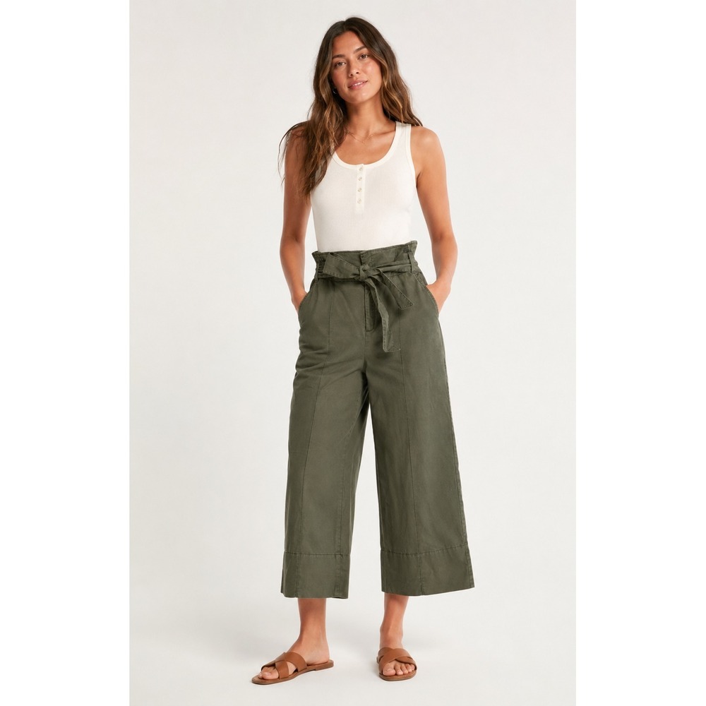 Massimo Dutti Capri Paperbag Pants Womens 8 Olive Green Cotton‎ Bellt Wide Leg